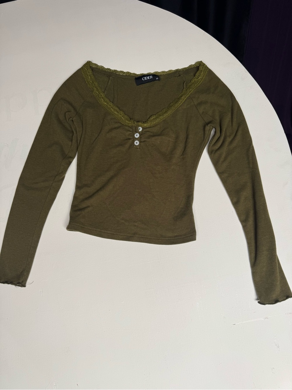 Cider Olive Lace-Trim Long Sleeve Henley Top
